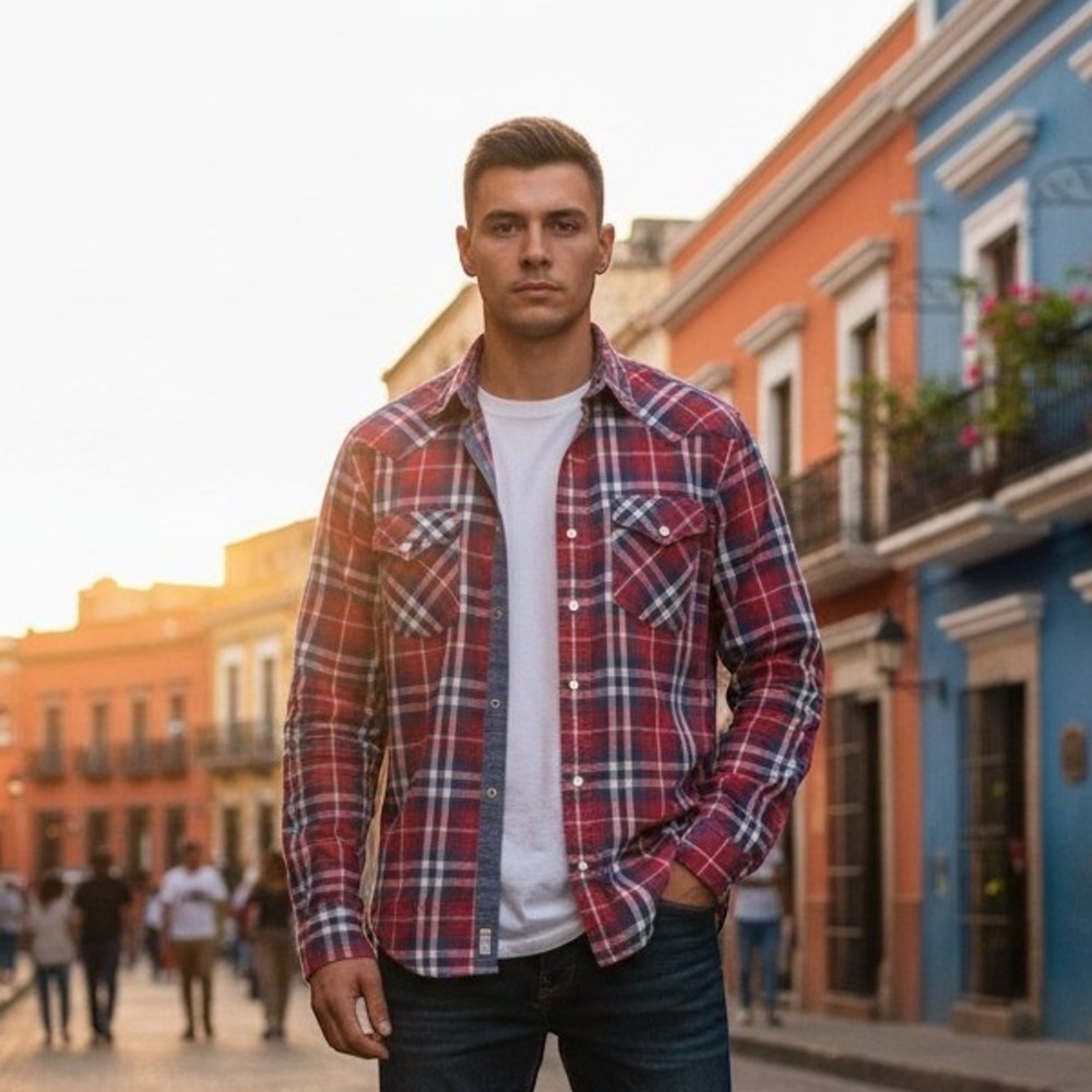 American Eagle Outfitters Mens Plaid Western Snap Button Shirt Red Blue Medium